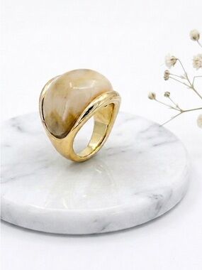Bold Dome Ring with Cream Marbled Stone | 14K Gold Plated | Statement Jewelry